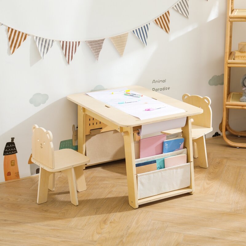 Ensemble table et chaises de jeu pour enfants, table de peinture multifonctionnelle, rangement pour livres, meubles pour enfants, document naturel, 3 pièces
