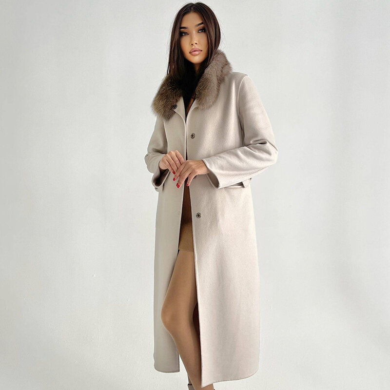 Chaqueta de piel auténtica para mujer, abrigo de Cachemira con cuello de zorro Real, abrigo de lana Natural de alta calidad