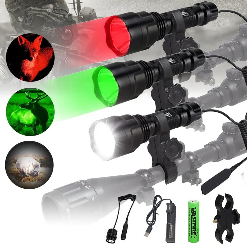 Powerful Red C8 Flashlight Tactical 1-Mode Predator Handheld Torch for Coyote Hog Varmint+Clip+Tail Switch+18650+Charger