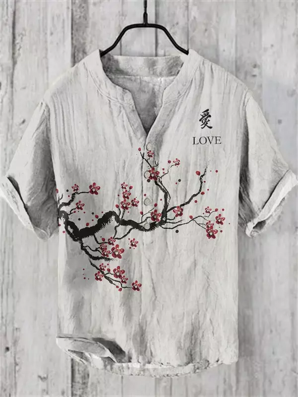 Camisa de manga curta havaiana masculina, linho de bambu estampado em 3D, pulôver solto casual, camisa abotoada, nova, 2024