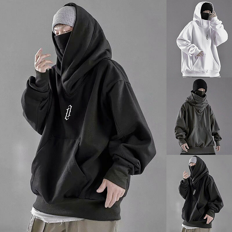 Male Spring And Autumn Solid Color Long Sleeve Hoodies Pocket High Neck Loose Hooded Fleece Hiphop Sweatshirts Loose Casual Tops