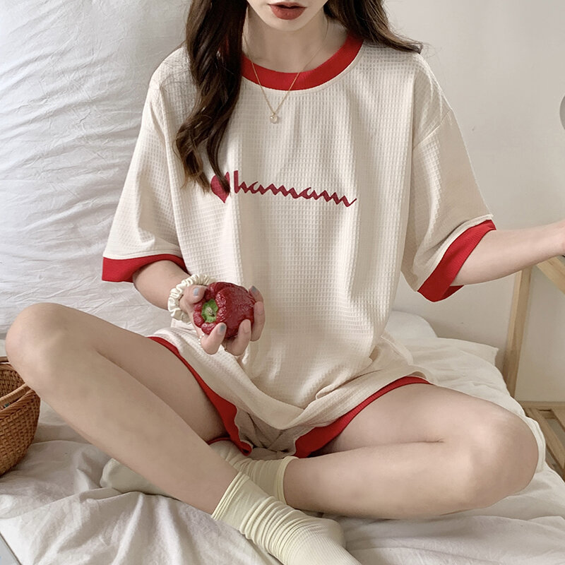 Damska piżama nowa letnia imitacja bawełna żakardowa siateczka pulower z okrągłym dekoltem w stylu Casual z nadrukiem podwójne krótkie wyposażenie domu