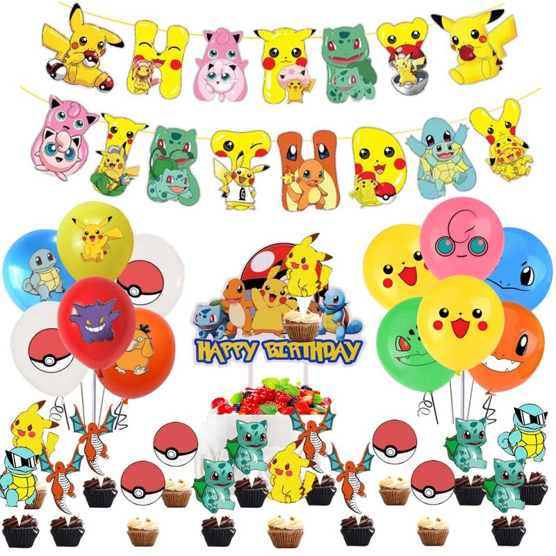 Decoración de Pokémon rosa para fiesta de cumpleaños, suministros de vajilla para niño y niña, mantel, globos, adornos para pasteles, telón de fondo