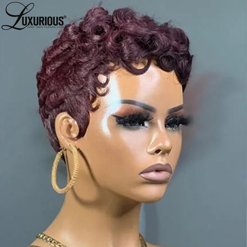 Pelucas de cabello humano virgen brasileño Remy para mujer, pelo corto rizado prearrancado, hecho a máquina, jengibre, Wear And Go, Borgoña