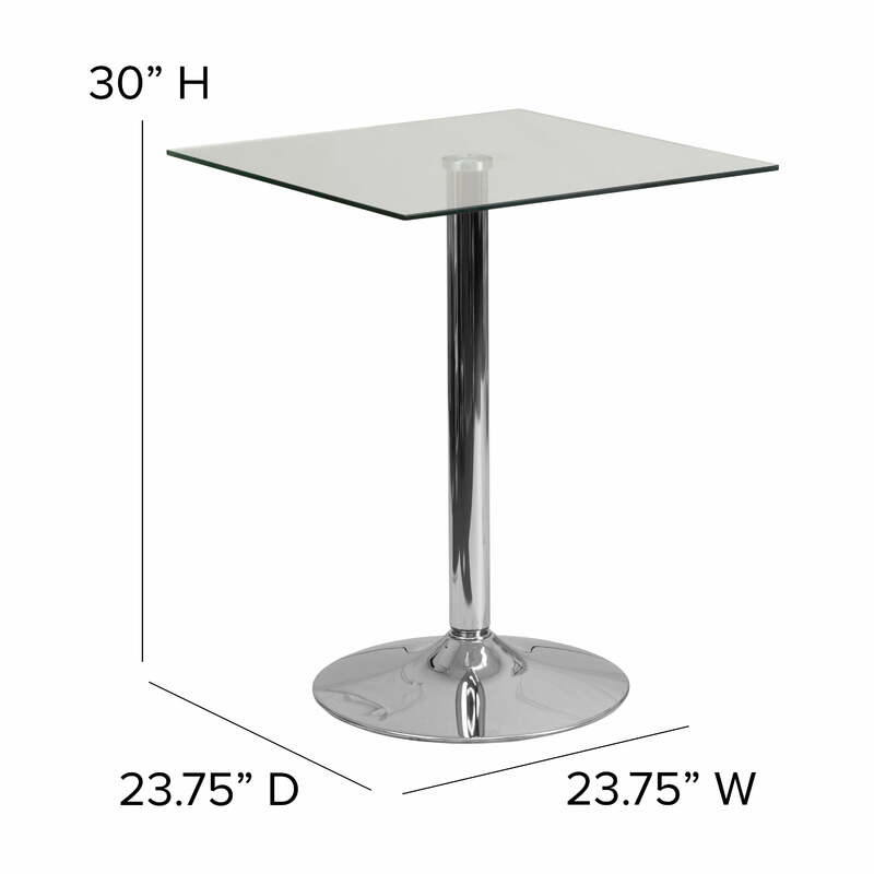 23.75'' Square Glass Top Bar  Table with 30''H Chrome Base Pub Table Counter Height Dining Table
