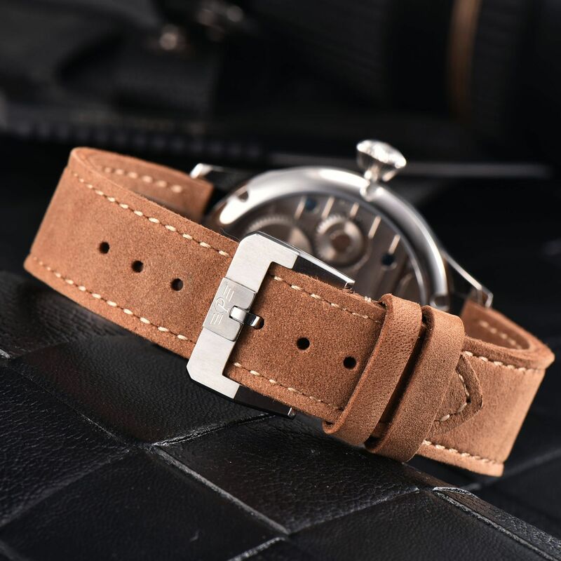 Parnis-Relógio mecânico de corda manual masculino, mostrador preto, pulseira de couro, 17 jóias, presente com caixa, marca top de luxo, 44mm, 2022