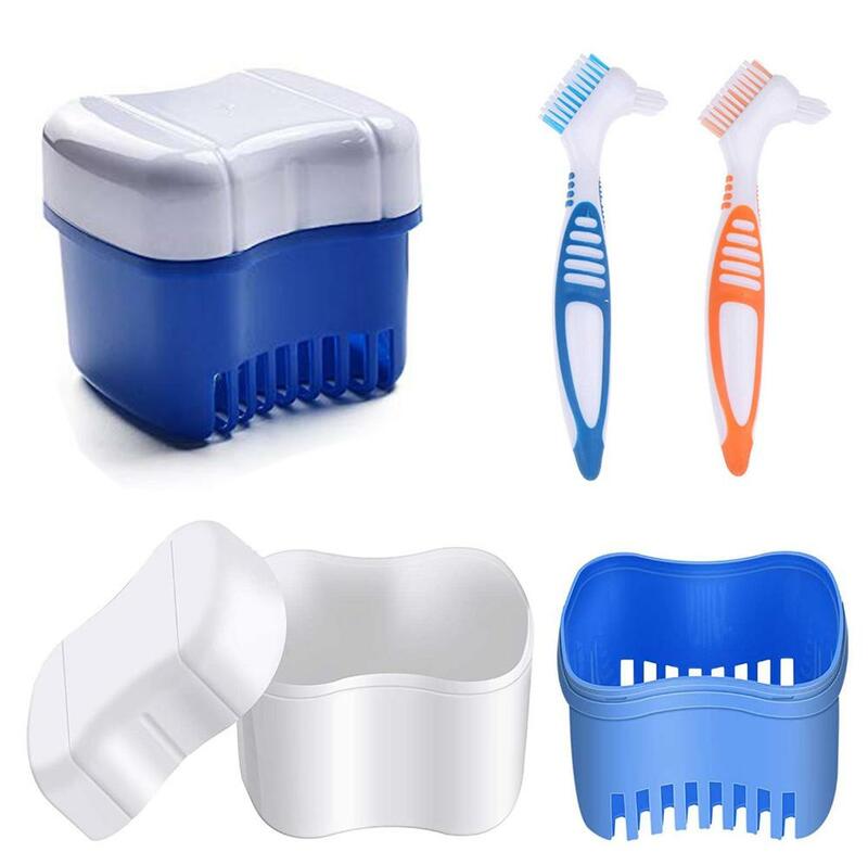 Kotak penyimpanan perjalanan tahan lama dua lapisan, kotak gigi palsu, wadah mandi gigi palsu dengan sikat pembersih keranjang
