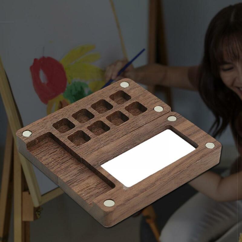 Caja de pintura de acuarela hecha a mano de madera portátil, paleta de 8 rejillas, Mini suministros negros vacíos, pintura de nogal, pintura X7o5