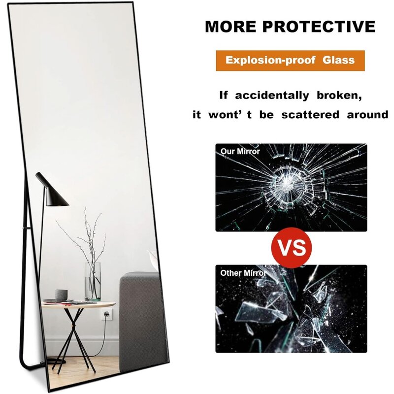 Полноразмерное зеркало с подставкой, напольное полноразмерное зеркало, подвесное или приставное к стене, алюминиевый сплав, тонкая рамка, свободное пространство