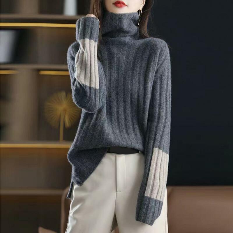 Women Sweater Cozy Stylish Women's Winter Sweater Turtleneck Neck Protection Color Block Patchwork Warm Knitted Soft Pullover