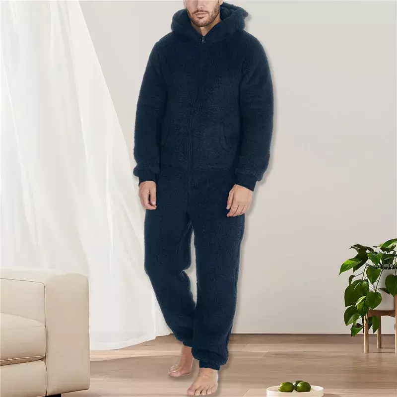 Macacão casual com capuz masculino, macacão longo, monocromático, pijama de lã quente, zíper, inverno, outono