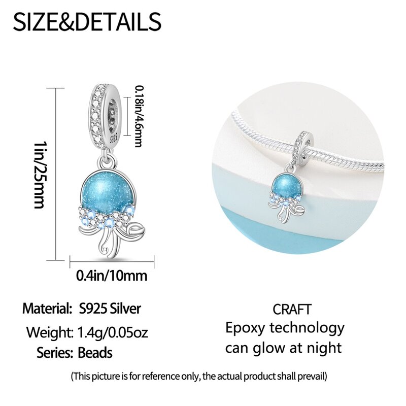 Exquisito abalorio de plata de ley 925 para mujer, accesorios de joyería para citas, medusas azules brillantes, Océano, compatible con pulsera Pandora