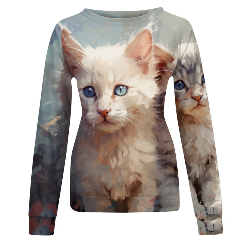 Camisola manga comprida estampada para gato feminina, pulôver, camiseta, roupa de rua feminina, camisas casuais de algodão, moda, 2023