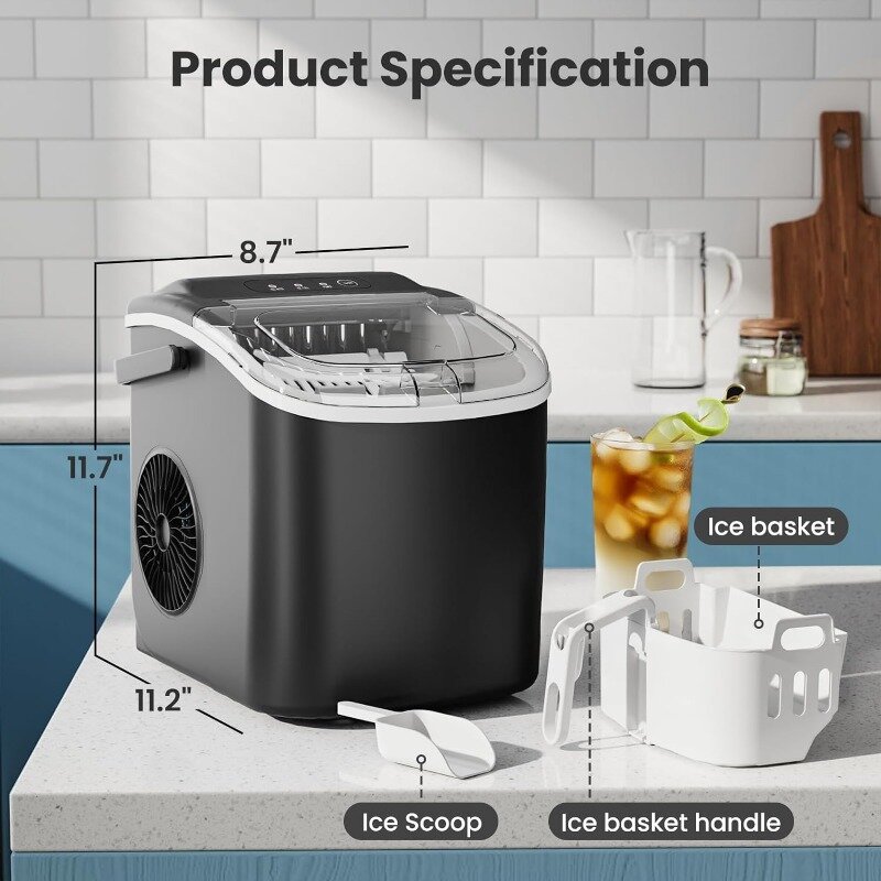 Peralatan rumah tangga portabel, pembuat es Meja dengan pegangan, pembuat es pembersih sendiri, 26 lb/24 jam, dengan sendok