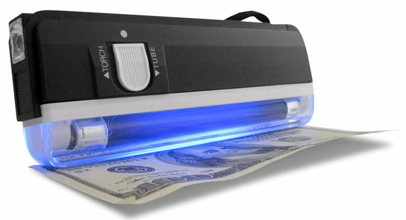Conveniente detector de billetes con linterna ultravioleta