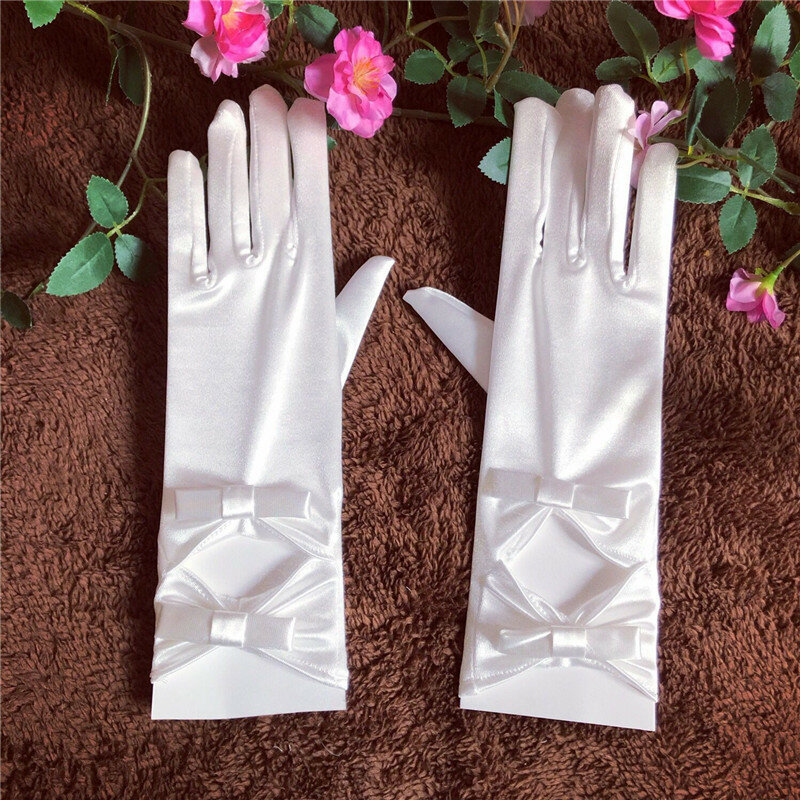 Guantes de boda de encaje con lazo blanco, guantes cortos de satén
