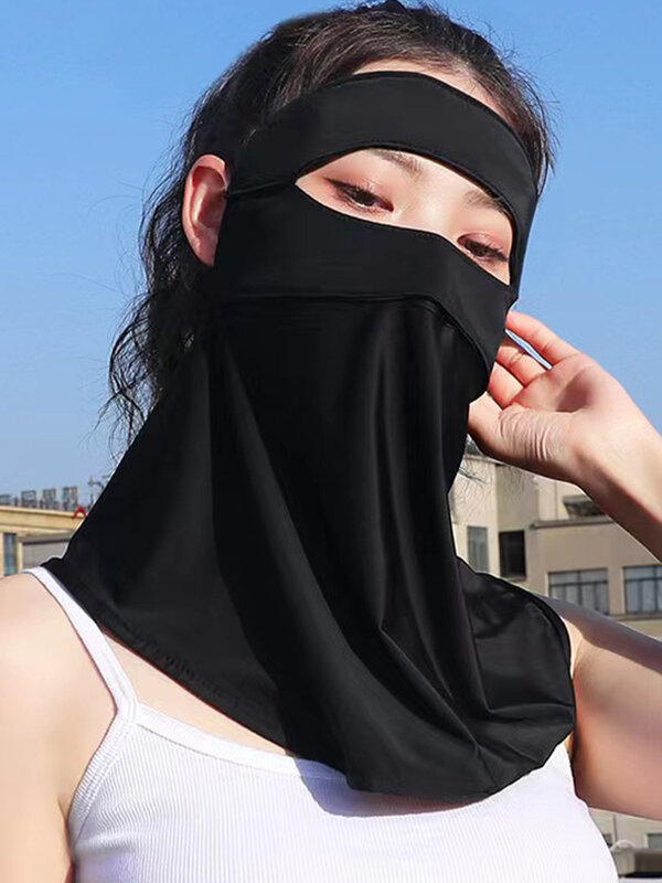 Protetor solar feminino de verão máscara de seda gelo, anti-ultravioleta respirável poliéster fina capa facial, quente, novo, Facekini, verão, 2024