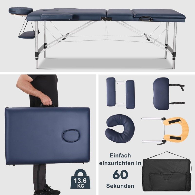 Mesa de masaje portátil, cama de masaje, Spa, tatuaje, esteticista, ajustable, profesional, 3 pliegues, aluminio, piernas, bolsa de transporte