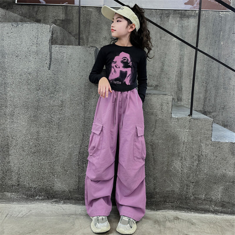 Spodnie cargo dziewczęce 2024 nowe średnie dzieci w wieku spodnie w stylu koreańskim 5-15 lat