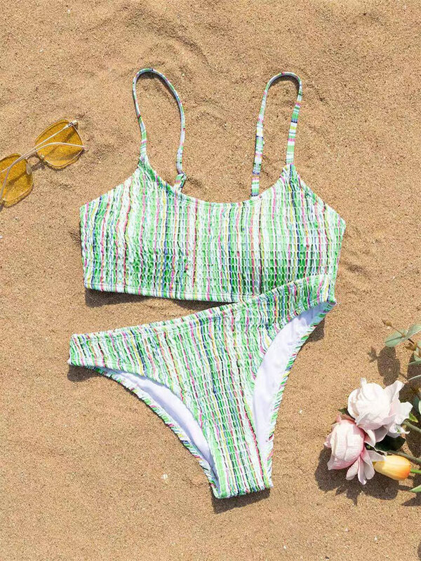 Kolorowy pasek strój kąpielowy dla kobiet z wysokim stanem trójkątne bikini Push Up stroje kąpielowe seksowny strój kąpielowy Biquinis Feminino 2024