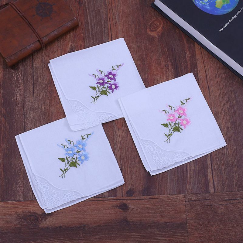 5 unids/set 11x11 pulgadas pañuelos cuadrados algodón para mujer bordado Floral con encaje mariposa pañuelo bolsillo