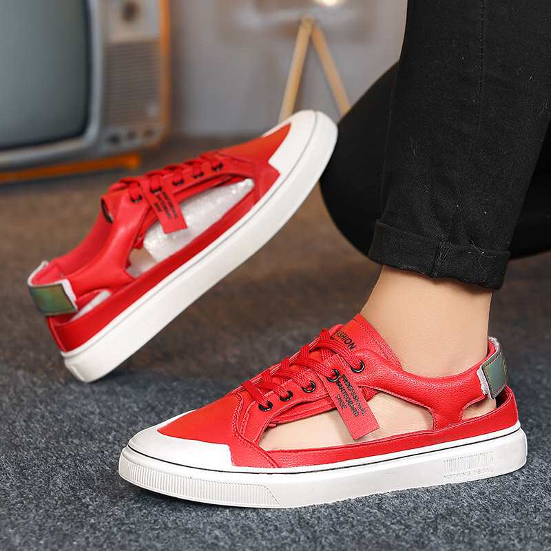 Zapatos planos bajos transpirables Para hombre, calzado informal de cuero con cordones, color rojo, moda de verano, novedad