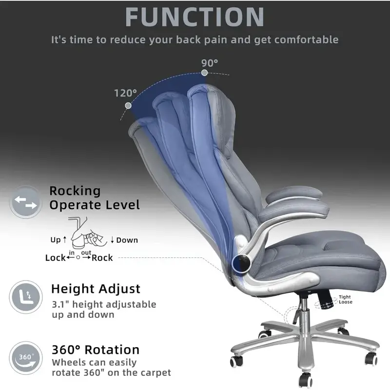 Cadeira de escritório de couro com braço ajustável, encosto alto, assento largo, apoio lombar, cinza e azul, GM, 400 lb
