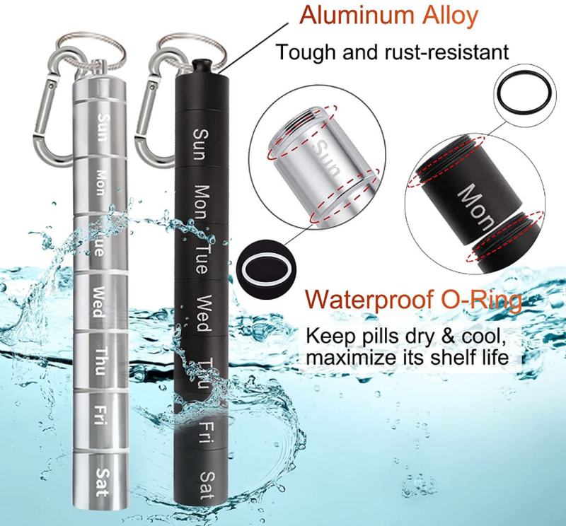 Caja de Medicina de aleación de aluminio 2022 sellada, resistente al agua, dividida en 7 días