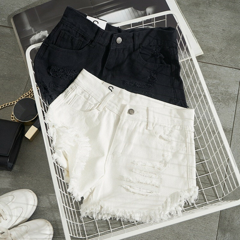 Pantalones cortos de mezclilla blancos para mujer, con agujeros minivaqueros rasgados, Sexy, ropa de calle con borlas, cintura alta, novedad de verano