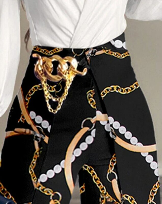 Female Fashion Chain Print Fake Two Piece Work Pants Female Casual Clothing New Women's Elegant High Waist Trousers