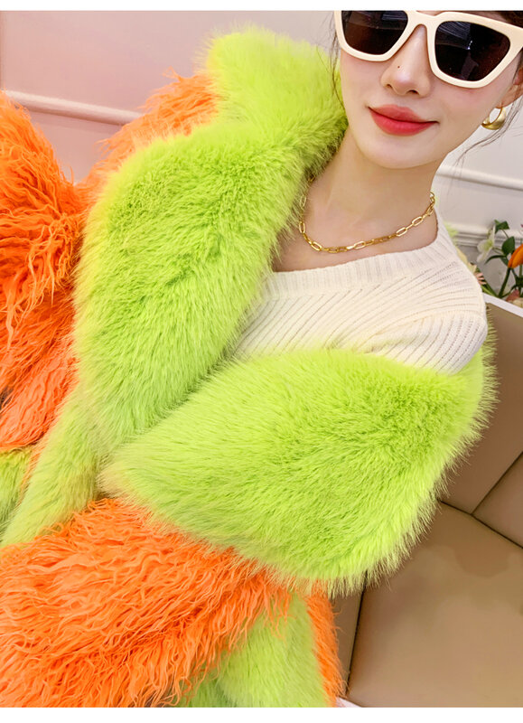 2024 inverno nuovo arancione frutta verde eco-friendly pelliccia collo lungo allentato cappotto di pelliccia spiaggia lana grande tasca cappotto di cotone spesso top