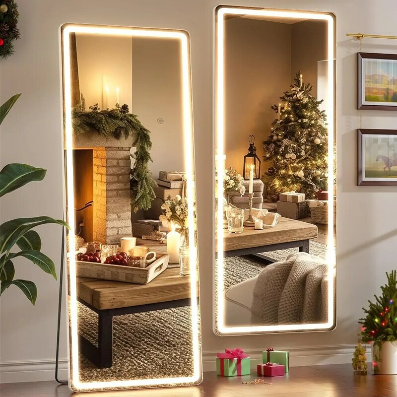 مرآة معلقة بطول كامل LED ، واقفة أرضية مضاءة ، مثبتة على الحائط ، حامل حر ، 60 × 16 بوصة