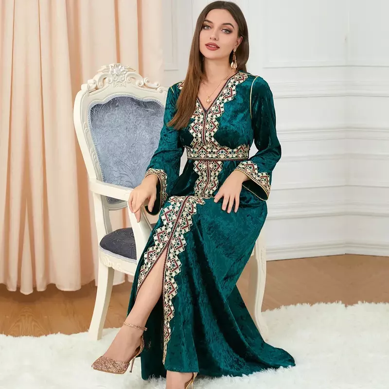Abaya Muslim untuk Wanita cahaya mewah Dubai Gaun India baju bordir korduroi Muslim gaun lengan panjang celah modis
