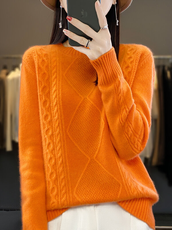 Suéter de caxemira de lã merino para mulheres, gola em O, manga comprida, pulôver tricotado, roupas femininas, tops, outono, inverno, nova moda, 100%, 2022