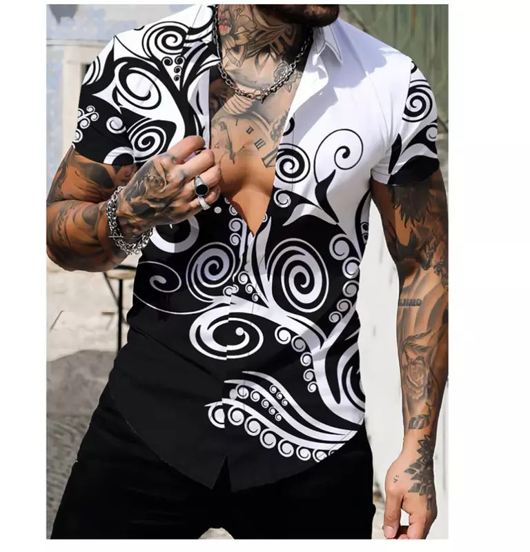 Kemeja pria baru lengan pendek motif 3D, kemeja berkancing motif grafiti musim panas