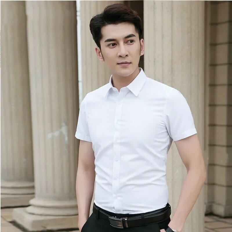 Camisa de vestido slim fit manga curta masculina, camisas casuais marca, roupas de negócios, plus size, alta qualidade, 2024