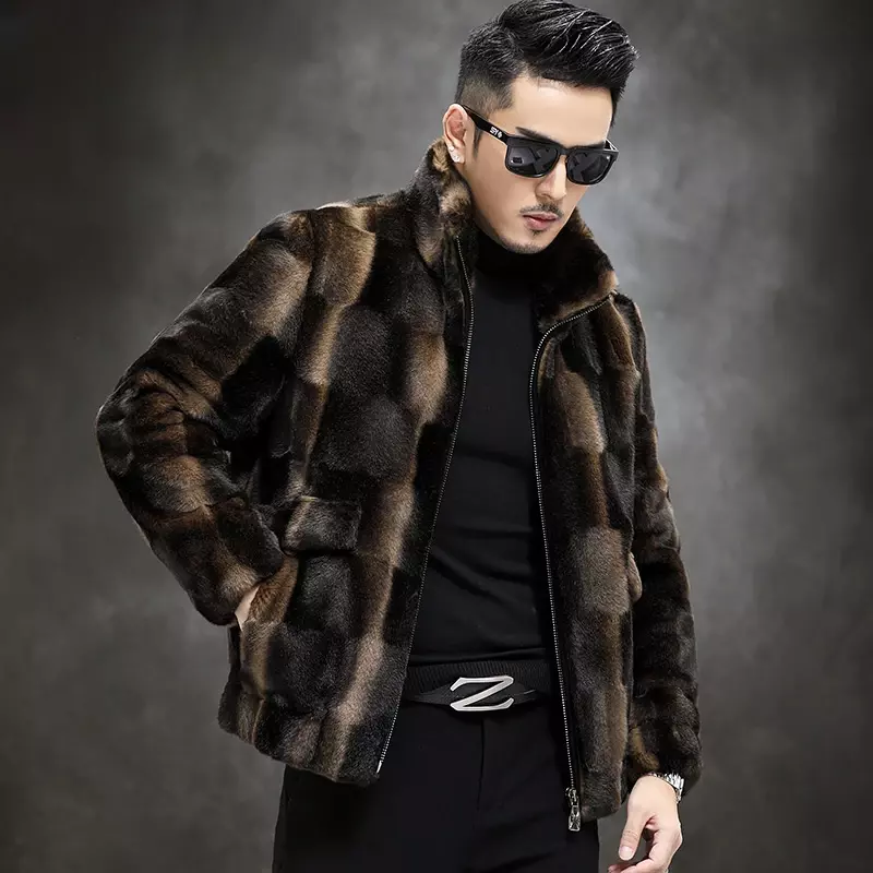 남성용 진짜 밍크 모피 코트, 스탠드 칼라 따뜻한 모피 재킷, 남성용 진짜 모피 격자 무늬 겉옷 P465, 2023 가을 겨울 패션