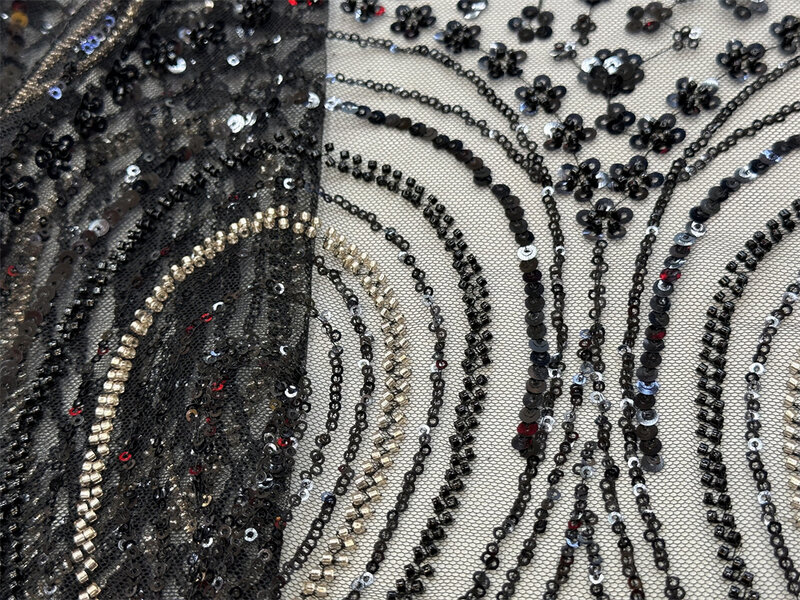 Tessuto di pizzo africano nero 2024 tessuto di pizzo netto di paillettes nigeriane di lusso con perline francesi di alta qualità per abito da sposa