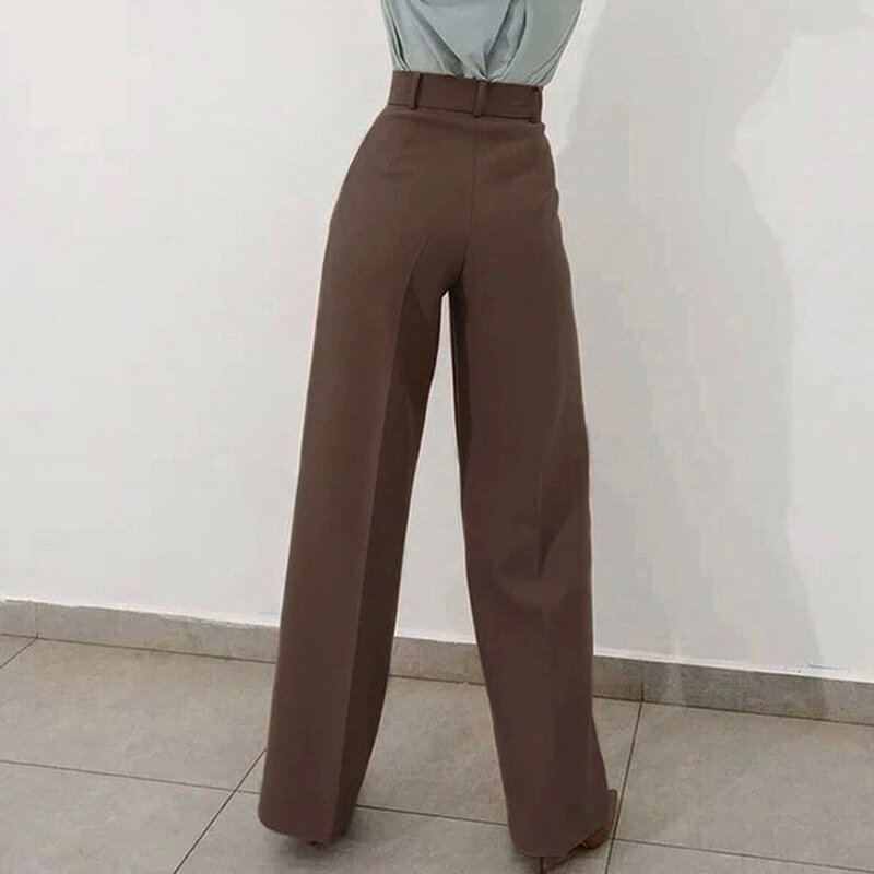 Celana Lurus Pinggang Tinggi Coklat Musim Gugur Celana Setelan Elegan Kantor Antik Longgar Wanita Celana Panjang Disesuaikan Klasik Prancis Berlipat
