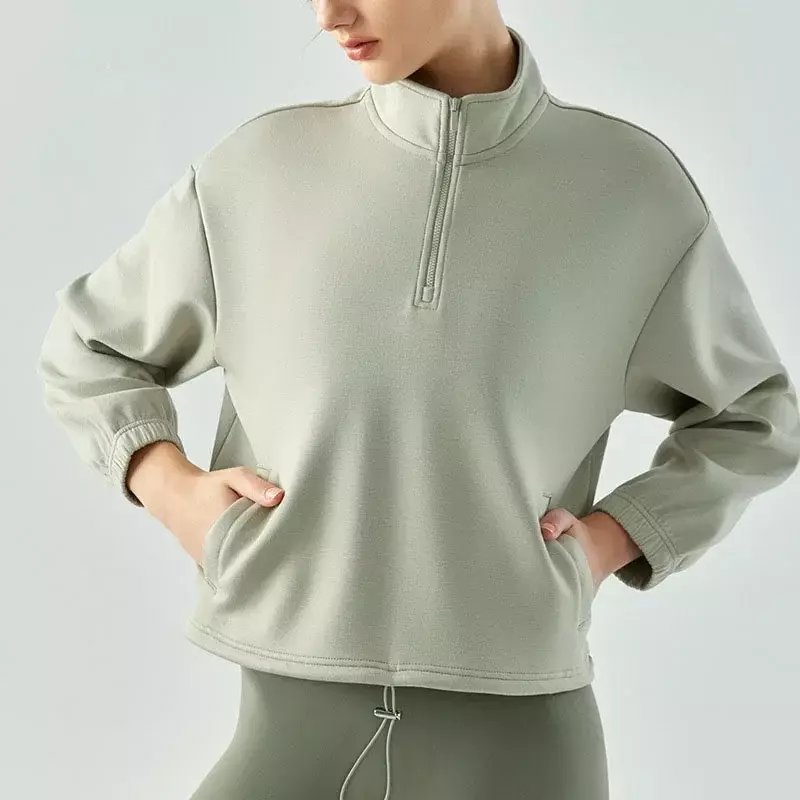 Sweater Yoga wanita, atasan olahraga kebugaran baru, Pullover pendek kasual, leher berdiri