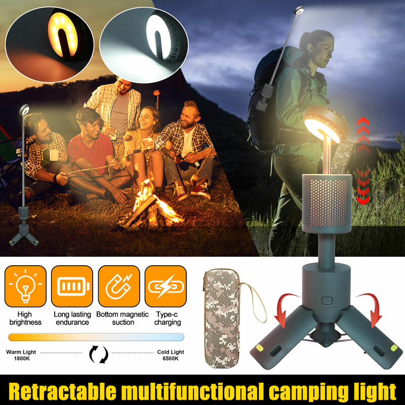 Linterna LED portátil para acampar al aire libre, recargable por UBS, temperatura de Color ajustable, impermeable IP65, Retractab