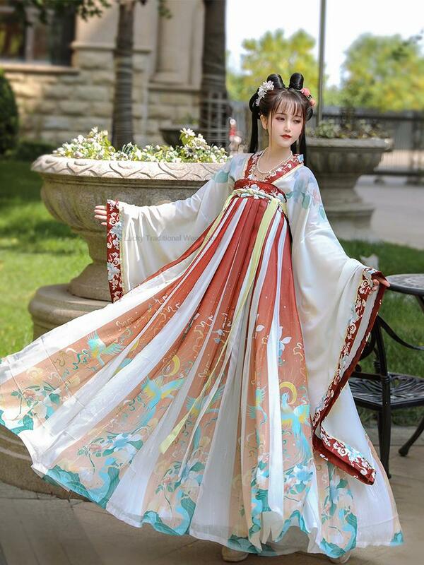 Kostum Hanfu bergaya Tiongkok, pakaian dansa rakyat wanita, Set Hanfu putri Oriental kuno peri bordir indah