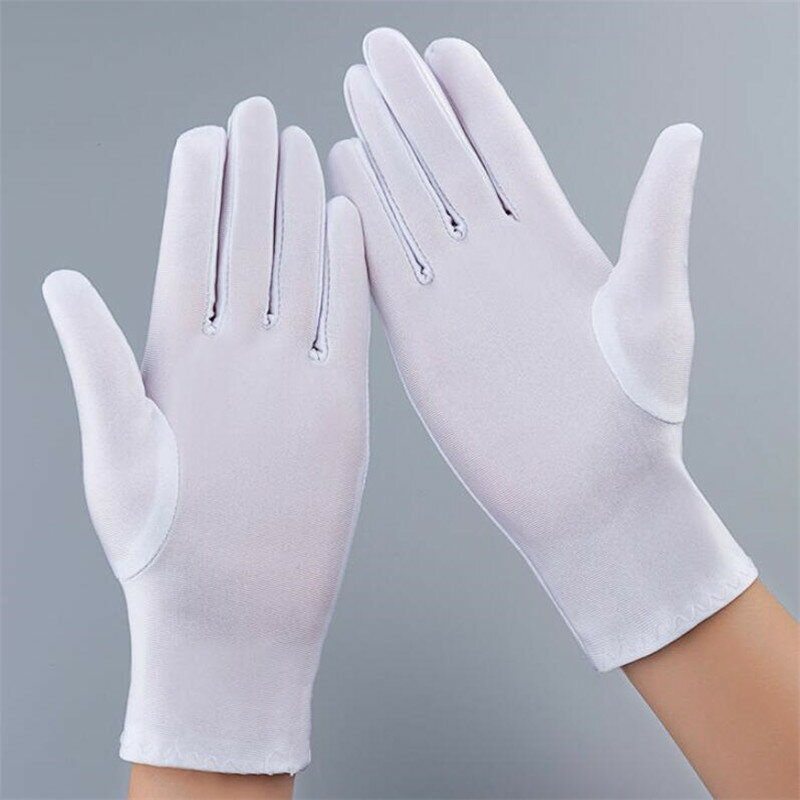 Moda lato elastan rękawiczki kobiety mężczyźni Sexy rękawiczki ochrona przed słońcem biały czarny etykieta cienkie krótkie Stretch szykowny rękawice do tańca