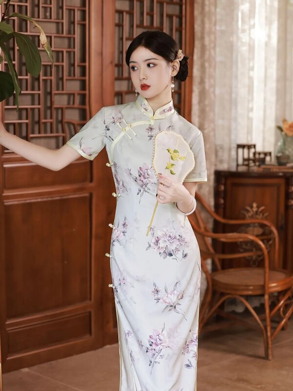 Frauen Floral Druck Dünnes Cheongsam 2023 Sommer Chinesischen Stil Retro Kurzarm Qipao