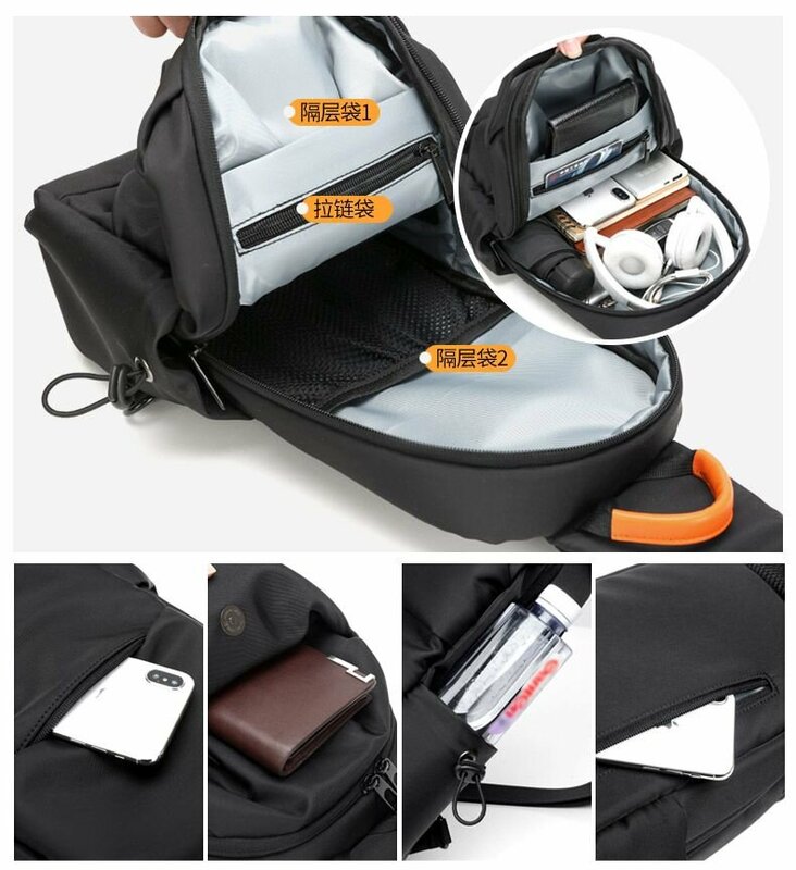 Bolsa masculina com alça única, bolsa de tiracolo monocromática de um ombro, bolsa casual ao ar livre, marca de luxo USB, nova moda