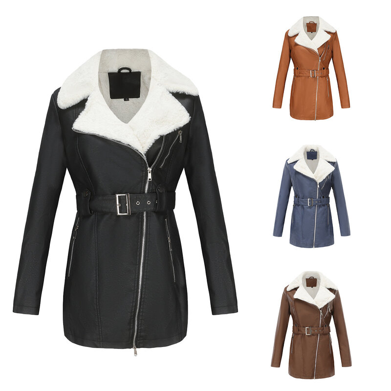 Mantel kulit mewah wanita, jaket lengan panjang ritsleting kepala ganda dengan sabuk mantel hangat musim gugur/dingin baru 2024