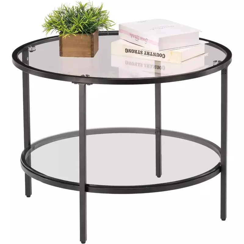 25.6" Round Black Coffee Tables for Living Room 2-Tier Glass Top Coffee Table With Storage Clear Coffee Modern Center Cofee Café