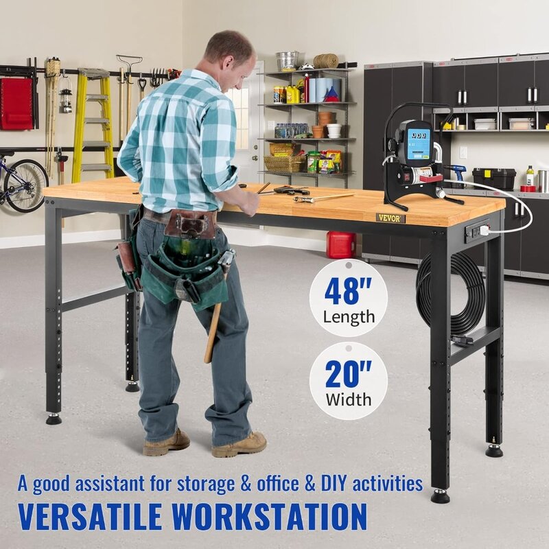 Adjustable Workbench, 48" L X 20" W Garage Table w/ 28.3" - 38.1" Heights & 2000 LBS Load Capacity, with Power Outlets & Hardwoo