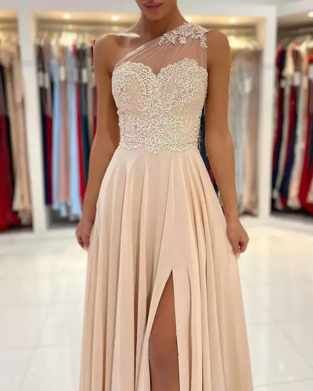 GDYBAO Women's One Shoulder Bridesmaid Dresses for Wedding Guest Long Lace Chiffon A-Line Silt Formal Prom Evening Gown