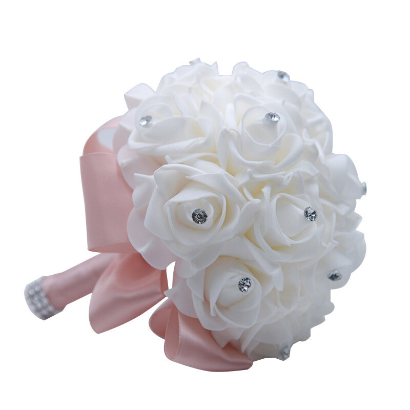 AYiCuthia โรแมนติกช่อดอกไม้งานแต่งเจ้าสาวงานแต่งงานสำหรับเพื่อนเจ้าสาวตกแต่งดอกไม้ Rose Buket Pengantin สีขาวซาตินถือ S30